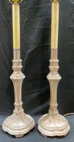 Pair Enameled Metal Candlestick Motif Lamps