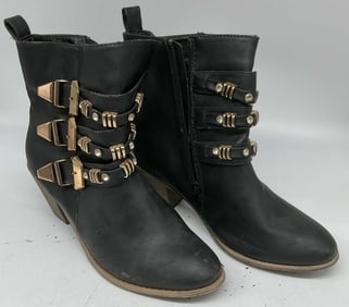 Bucco Black Faux Leather Buckle Heel Boots