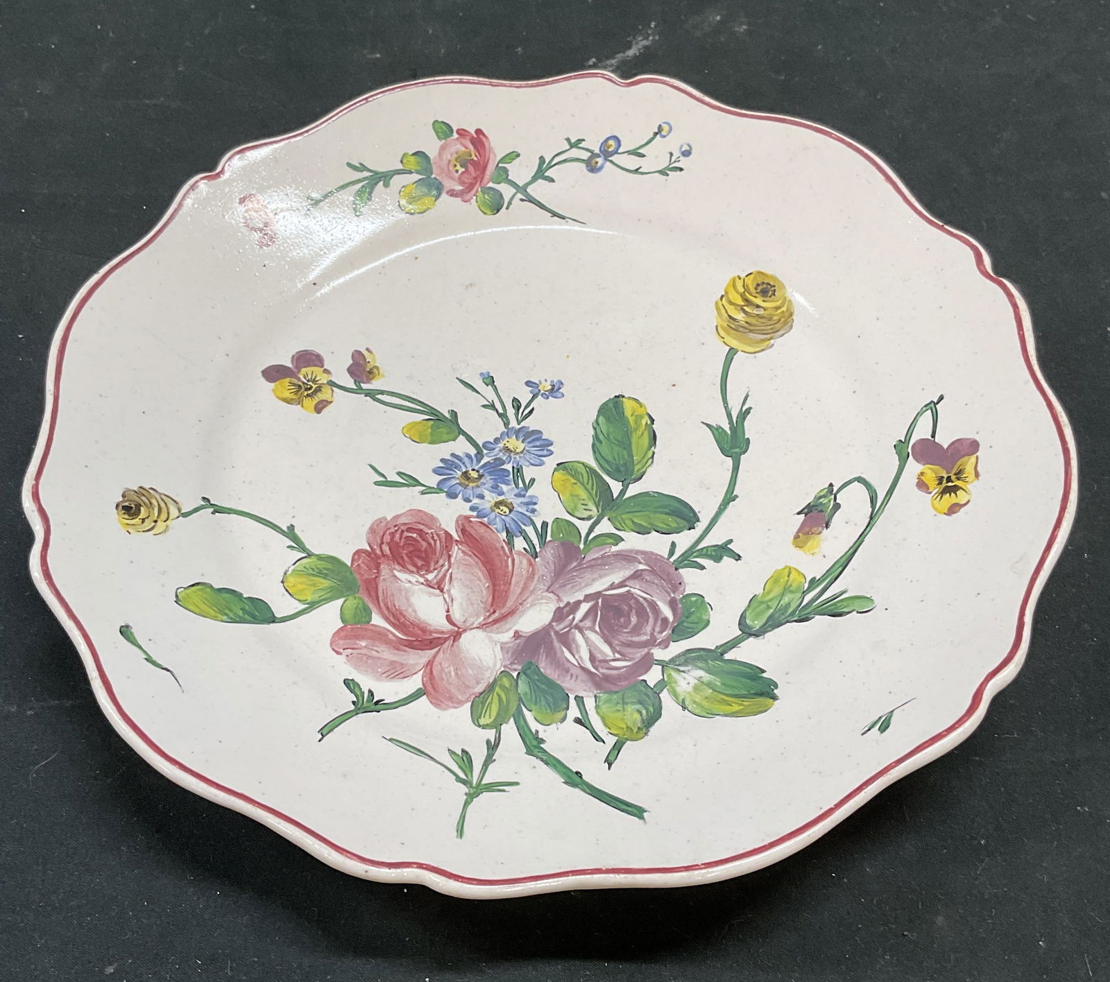 Sgn Vintage Scalloped Ceramic Floral Plate: Vintage ceramic plate, scalloped rim with hand painted floral motif. Signed on underside illegibly. Measures approx 9 inches wide. Some scratching. Ceramic plate, floral plate, vintage plate, tablewar