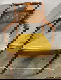 Vtg Cane Back Leather Upholstered Armchair