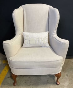 White Upholstered Wingback Armchair & Pillow