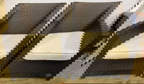 Pair Alfresco Brown Wicker Armchairs w Cushions