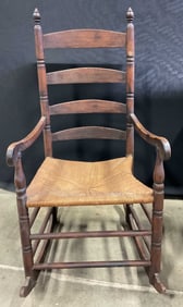 Vintage Carved Wood Rush Seat Rocking Chair