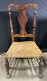 Vintage Carved Wood Rush Seat Low Chair