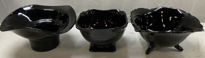 Lot 3 Vtg Black Glass Footed Bowls