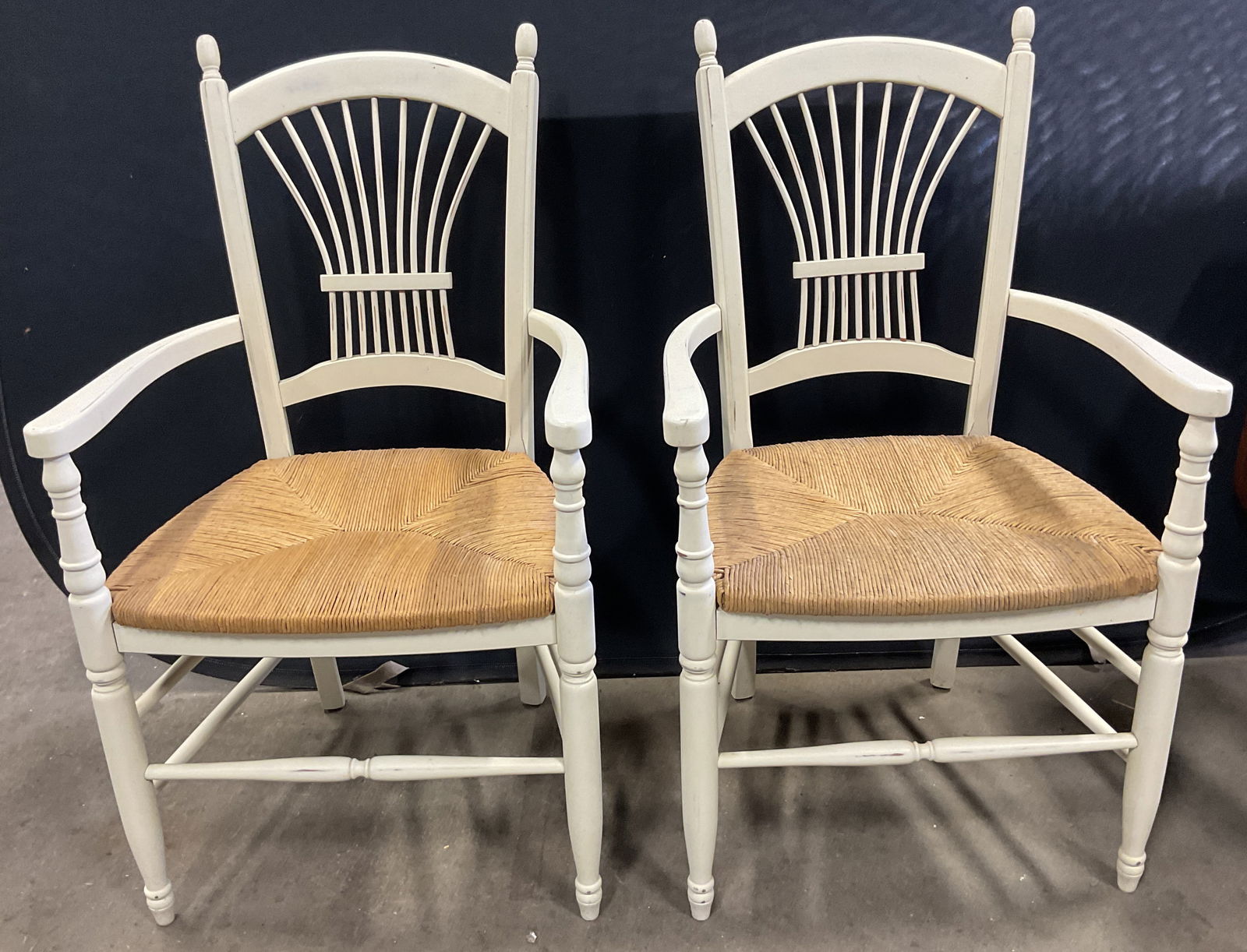 Pair White Wood Rush Seat Dining Armchairs (1 of 6)