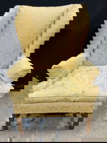 Custom Made Yellow Damask Wingback Armchair