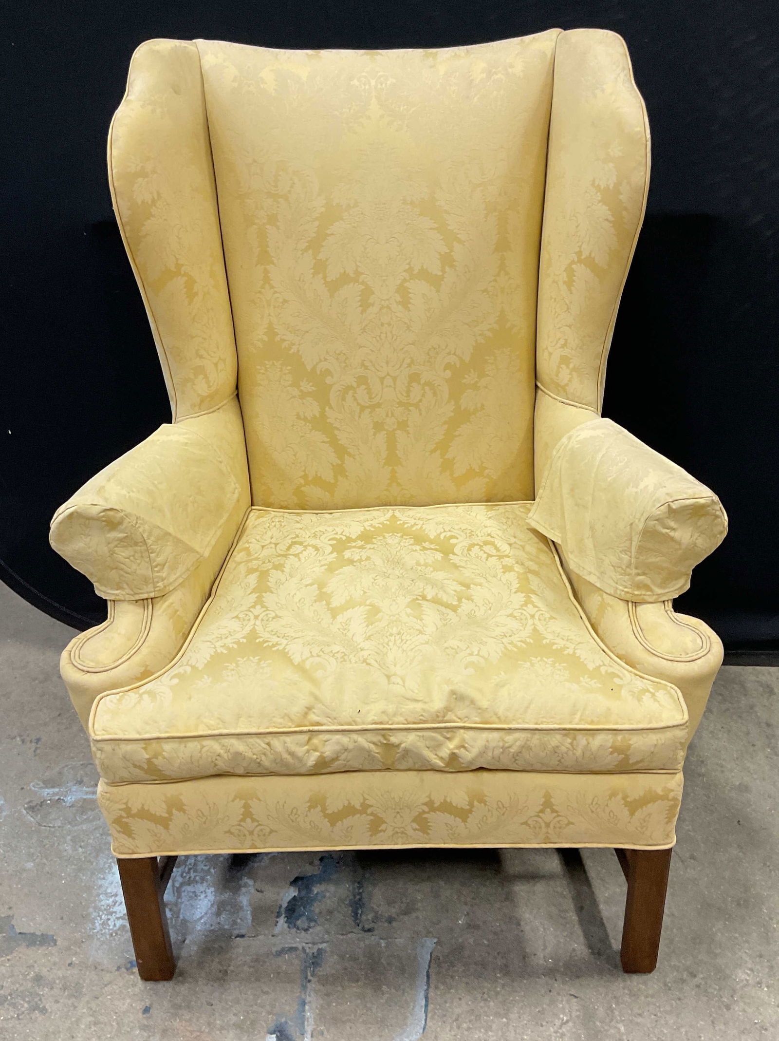 Custom Made Yellow Damask Wingback Armchair (1 of 7)