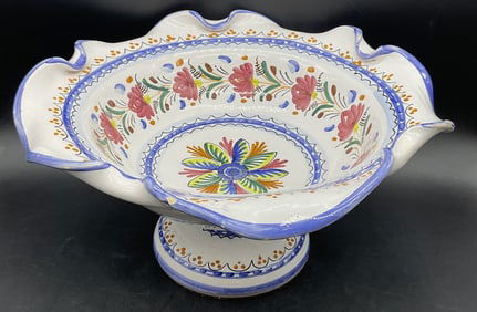 Vintage Hand Painted Pottery Pedestal Bowl