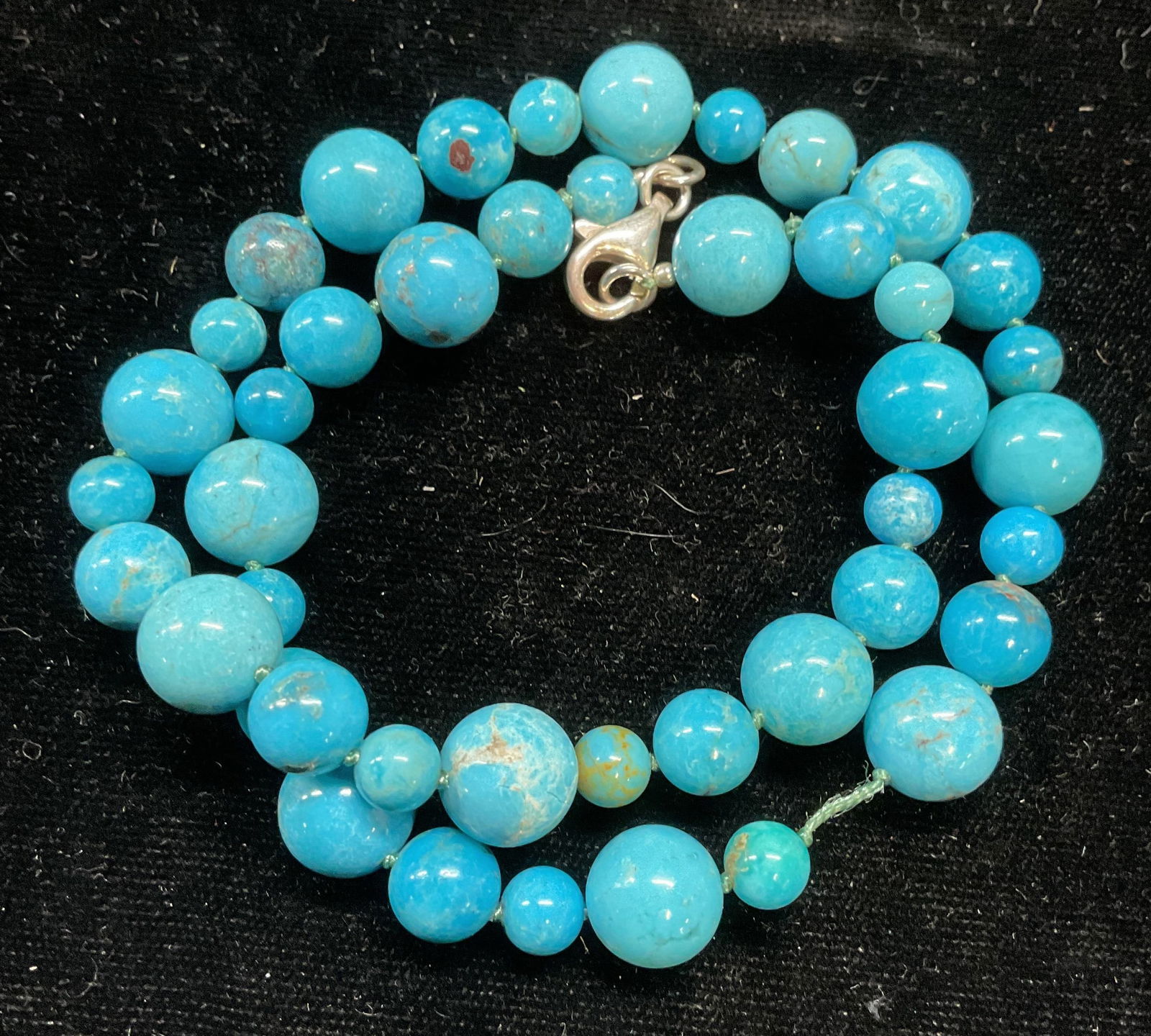 WK Turquoise Beaded Necklace, Sterling Clasp: Signed WK Round beaded turquoise necklace with sterling silver clasp. Drop length approx 7.5 inches. Clasp marked sterling. Some scratching. Jewelry, estate jewelry, fine jewelry, cocktail jewelry, fa