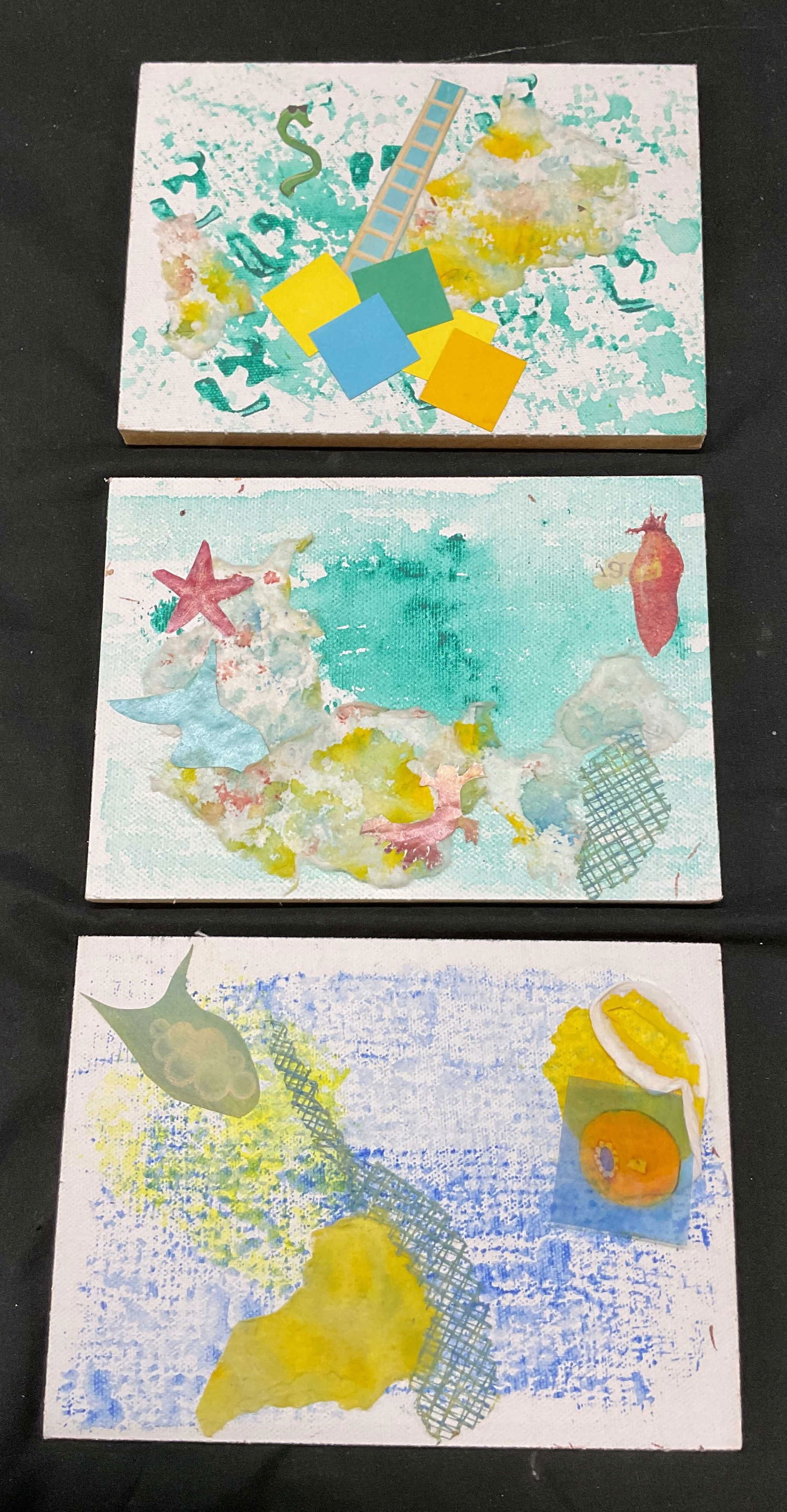 Lot 3 Abstract Collage Paintings: Lot of 3 abstract paper collage and painting on wood boards. Abstract compositions. Each measures approx 5 x 7 inches. Some wear to artwork. Collage, abstract art, paintings, art, collage art, wood, p