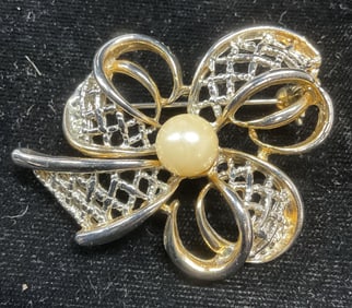 Vintage Silver Tone Faux Pearl Bow Brooch