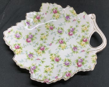 Vntg Floral Leaf Ceramic Dish W Handle JAPAN
