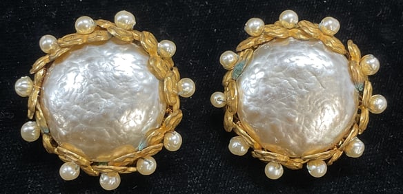 Miriam Haskell Gold Tn Faux Pearl Earrings