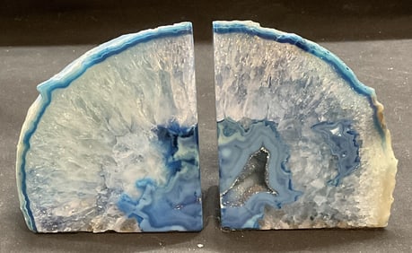Pair Blue Druzy Geode Semiprecious Bookends