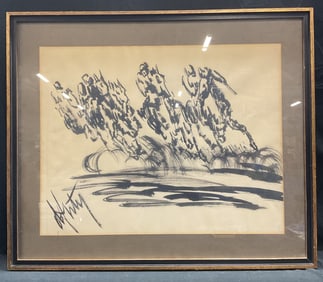 Signed Horse Race Equestrian Watercolor Painting