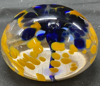 Vtg Signed Floral Burst Art Glass Paperweight