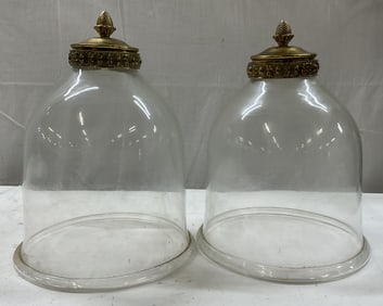 Pair Vintage Glass & Brass Bell Jars