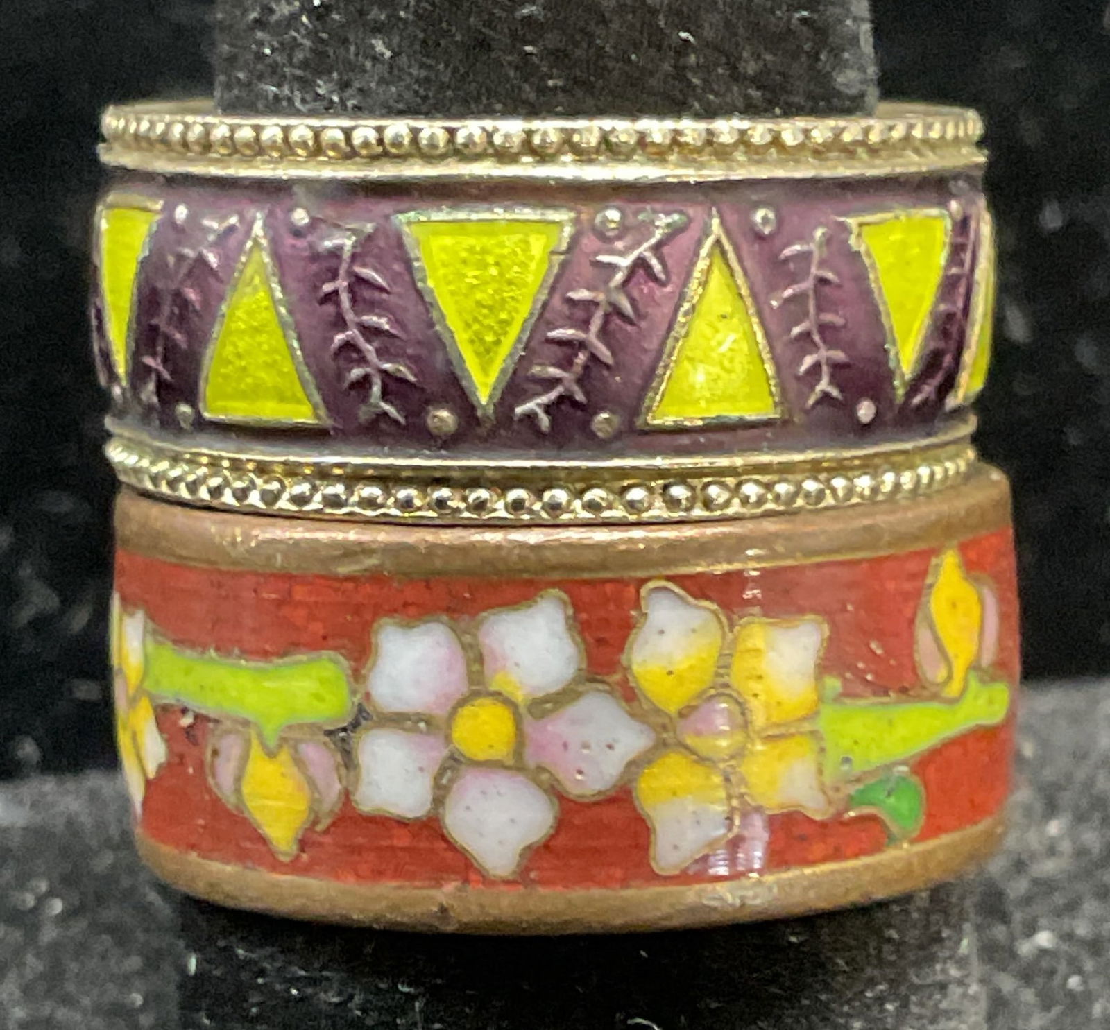 Lot 2 Floral & Geometric Cloisonne Rings: Lot of 2 Cloisonne enameled rings with floral and geometric designs. Size 8. Some scratching. Jewelry, estate jewelry, costume jewelry, cocktail jewelry, fashion jewelry, accessories, fashion accessor