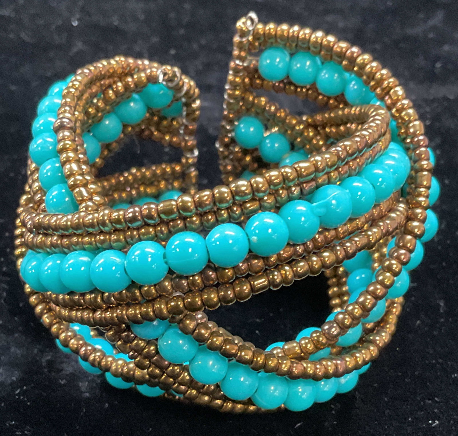 Gold Tone Blue Beaded Crossed Cuff Bracelet (1 of 6)