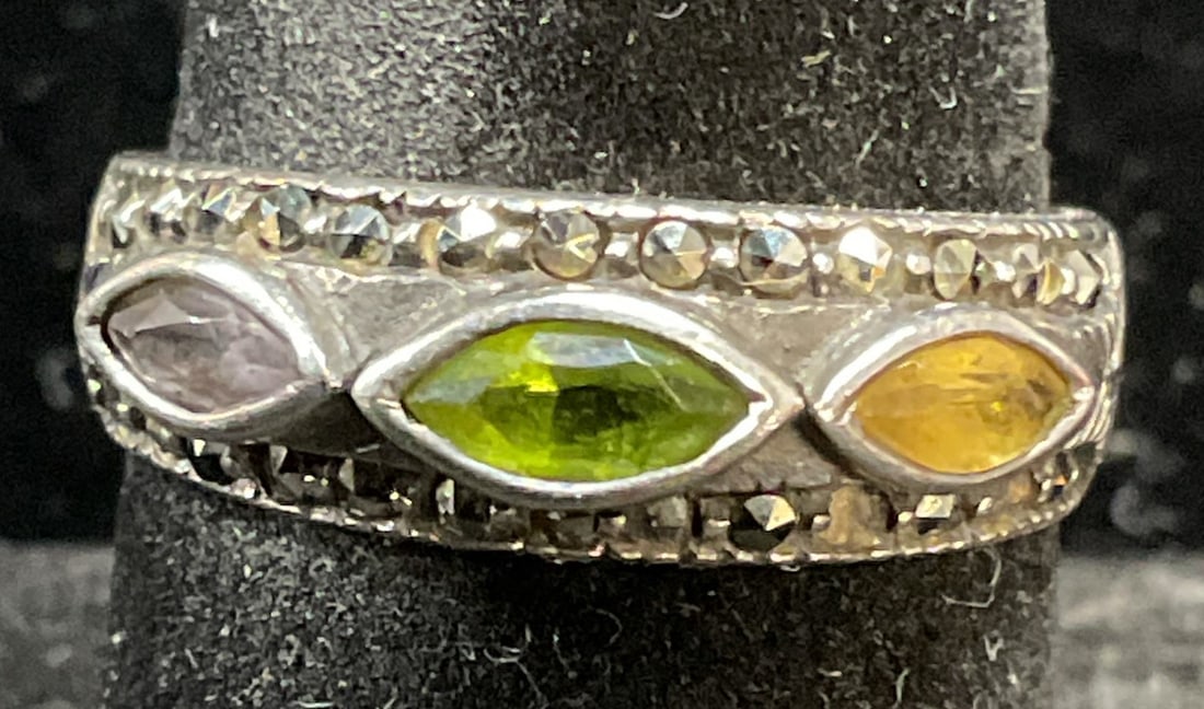 FAS Sterling Silver & Semiprecious Ring: Signed FAS sterling silver and semiprecious stone ring with marcasite accents. Marked sterling. Size 6.75. Total weight 3.4 grams. Some scratching. Jewelry, estate jewelry, fine jewelry, fashion jewel