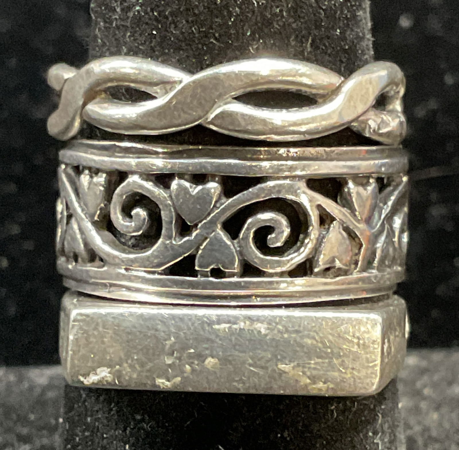 Lot 3 Vintage Sterling Silver Band Rings: Lot of 3 vintage sterling silver band rings. Rectangular, filigree, and twisted bands. Largest ring size 7. Total weight of all 9.3 grams. Some scratching. Jewelry, estate jewelry, fine jewelry, fashi