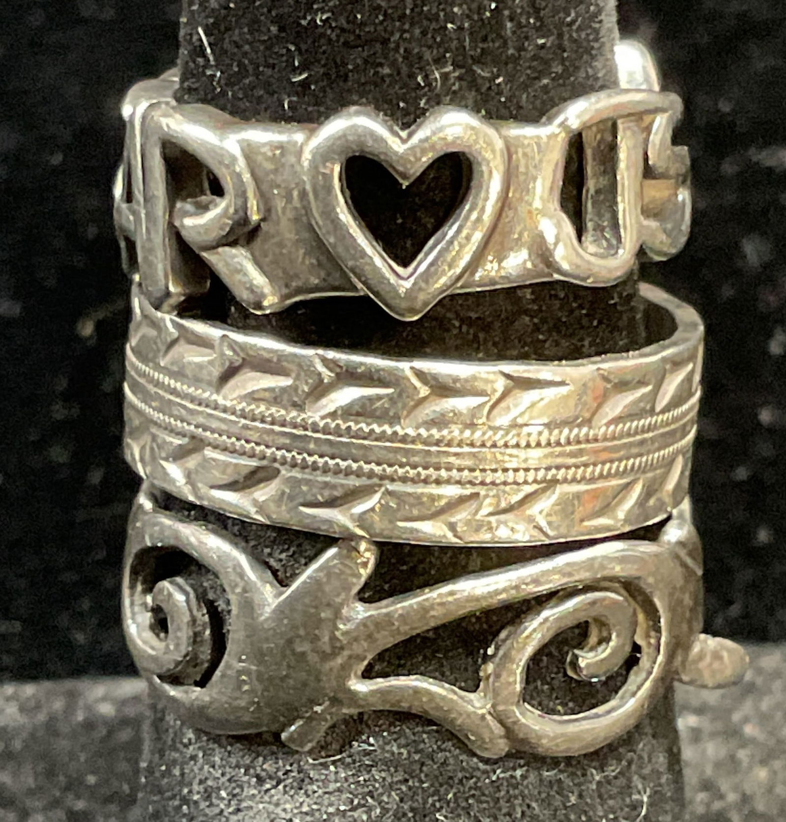 Lot 3 Vintage Sterling Silver Band Rings: Lot of 3 vintage sterling silver band rings. Filigree, letters, and etched bands. Largest ring size 6.75. Total weight of all 8.5 grams. Some scratching. Jewelry, estate jewelry, fine jewelry, fashion