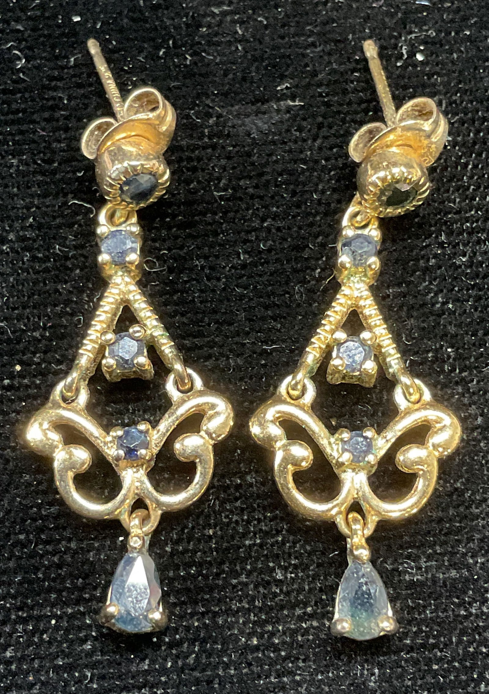 Gold Pl Sterling Silver Semiprecious Earrings: Gold plated sterling silver chandelier earrings with semiprecious stones. Marked Sterling. Measure approx 1.25 inches long. Total weight 3.3 grams. Some scratching. Jewelry, estate jewelry, fine jewel