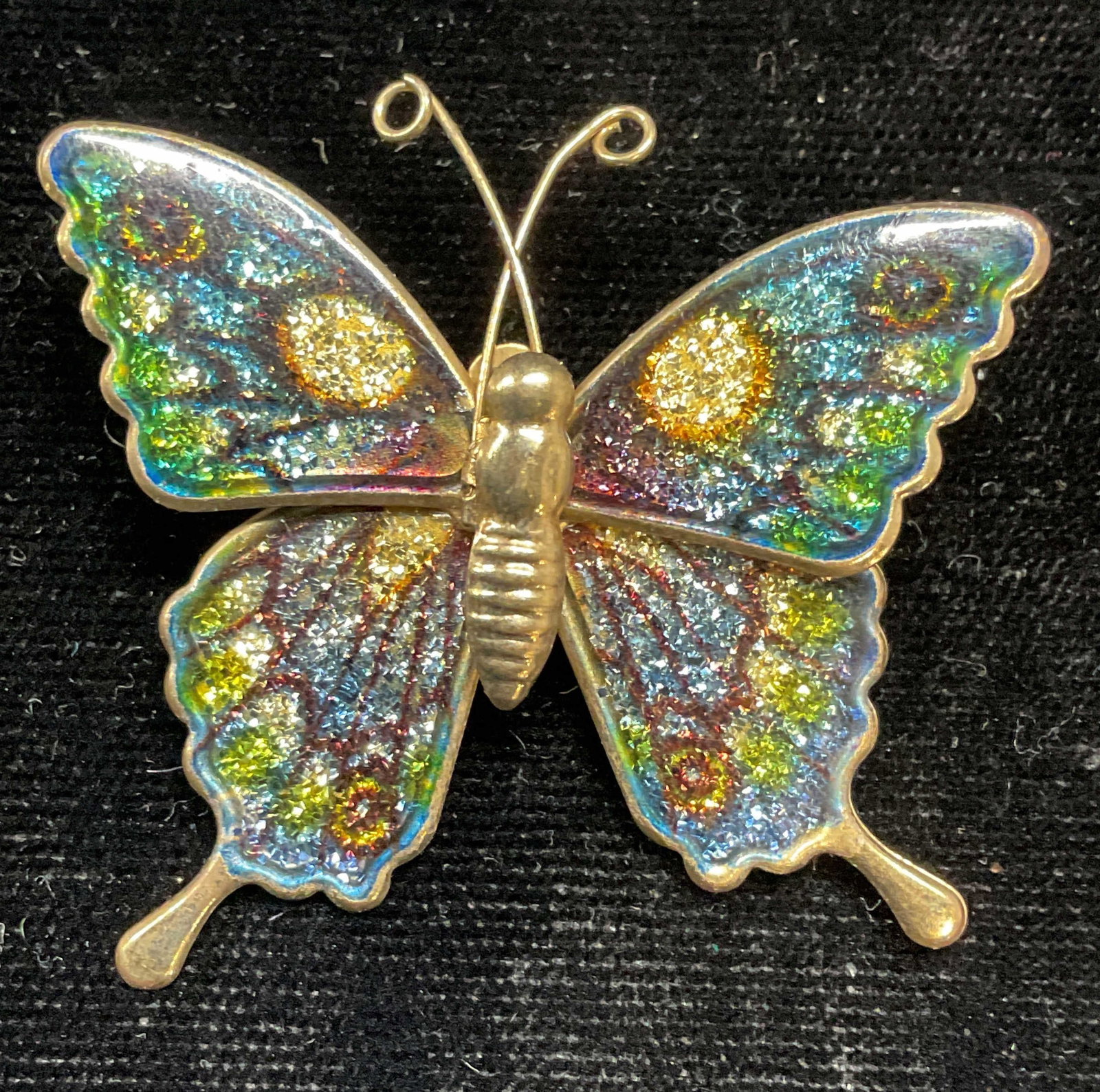 Gold Tone Enameled Butterfly Brooch: Gold tone multicolor enameled butterfly brooch. Measures approx 1.5 x 1.75 inches. Some scratching. Jewelry, estate jewelry, costume jewelry, cocktail jewelry, fashion jewelry, accessories, fashion ac