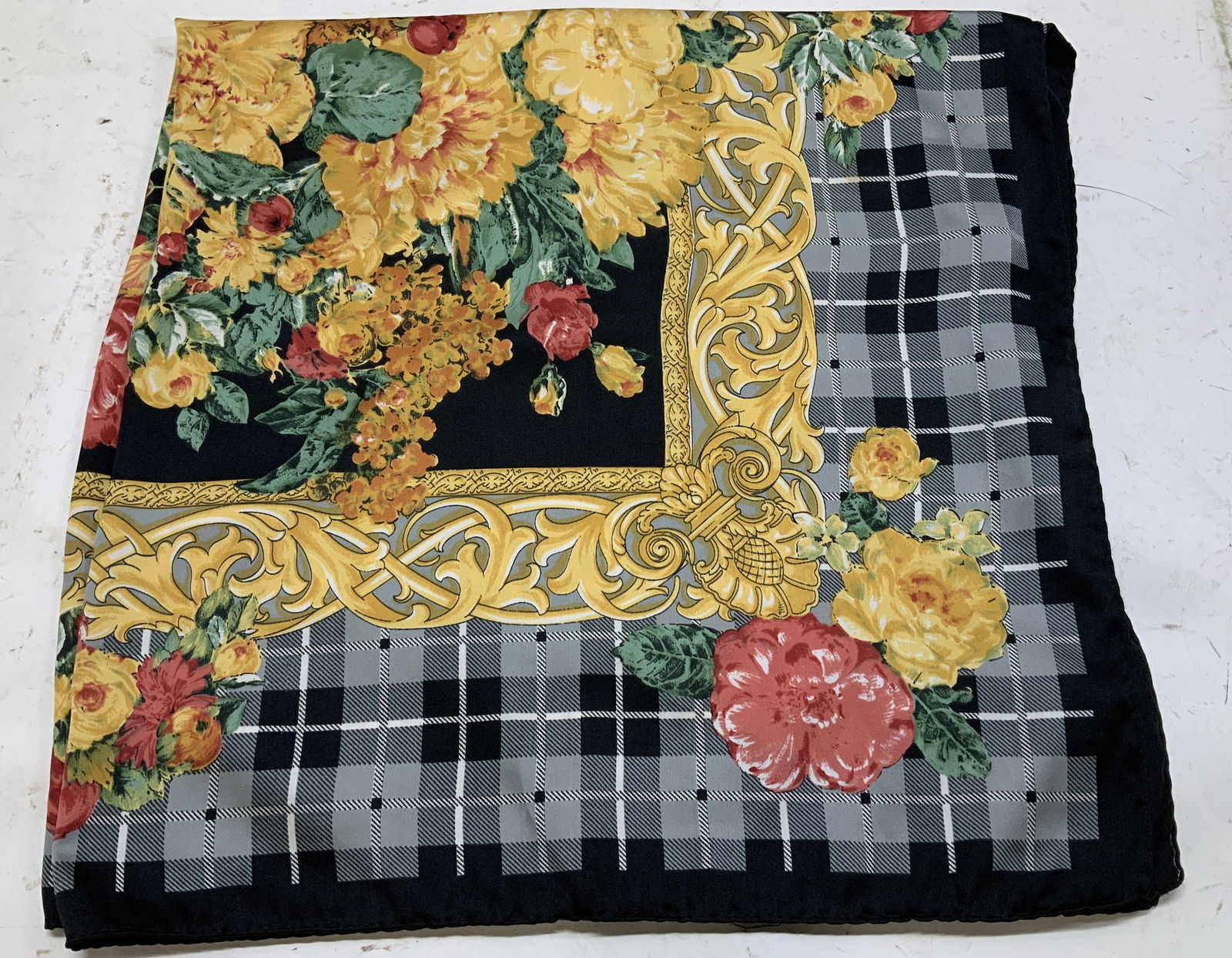 Hand Rolled Floral & Plaid Silk Scarf (1 of 6)