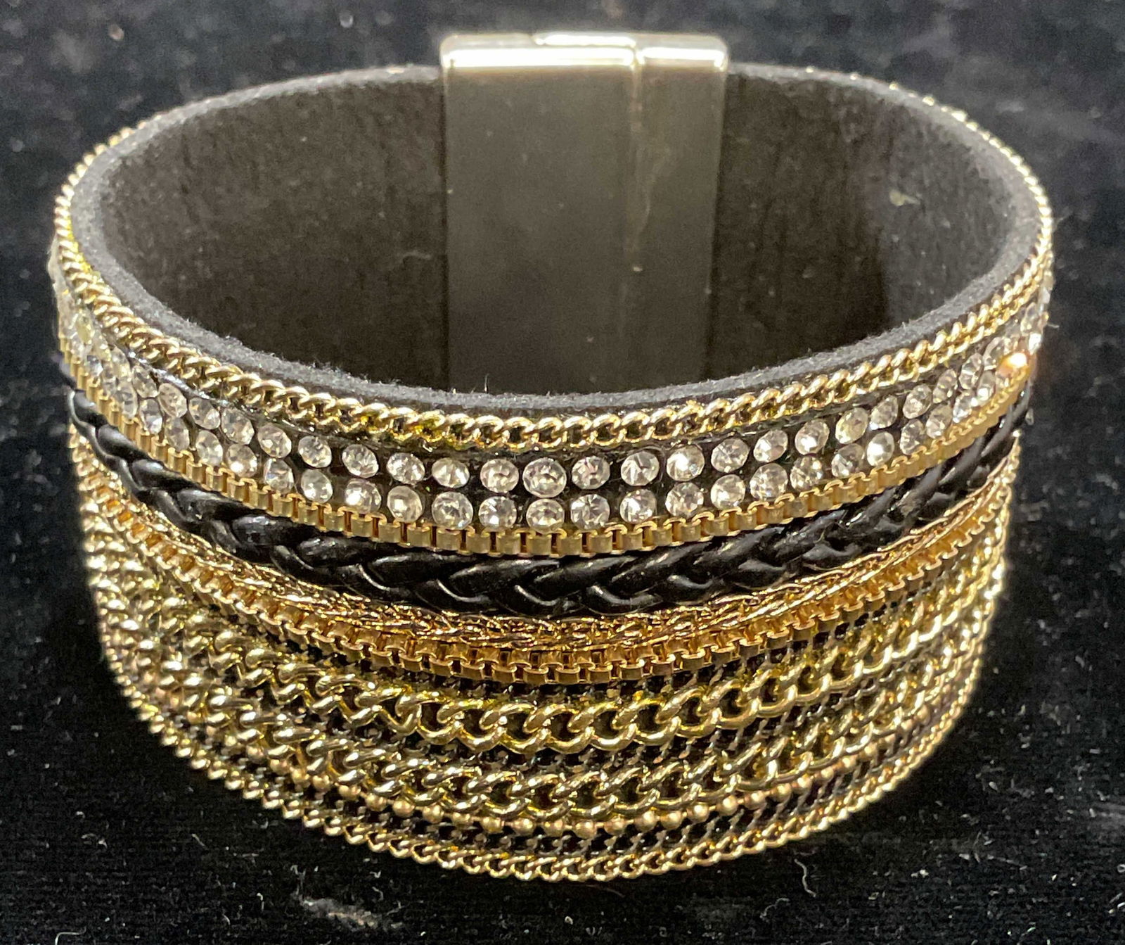 Gold Tone Chain & Crystal Chunky Bracelet: Chunky bracelet with gold tone chains and colorless crystals. Measures approx 2.25 inches wide. Some scratching. Jewelry, estate jewelry, costume jewelry, cocktail jewelry, fashion jewelry, accessorie