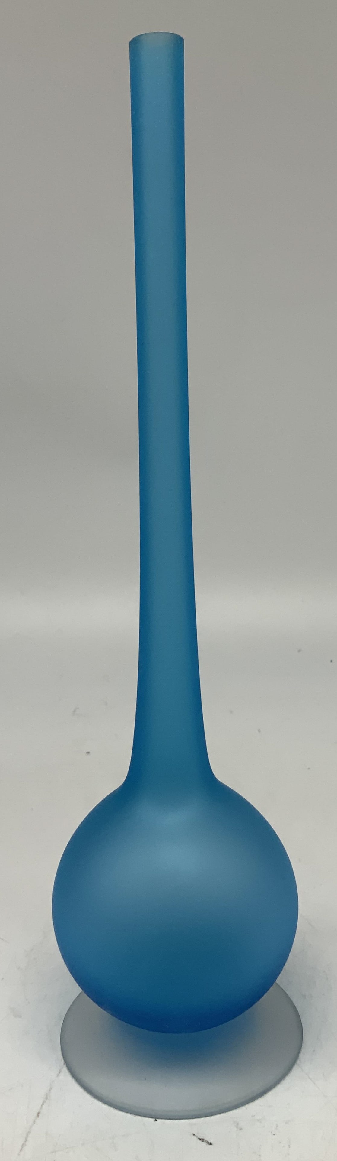 Hand Blown Blue Satin Glass Art Vase: Art vase is hand blown & features a round body w a distinctive thin/tall neck. Blue satin finish. Murano style. Surface wear consistent to age, use & exposure. Measurements: length 2.7in x width 2.7in
