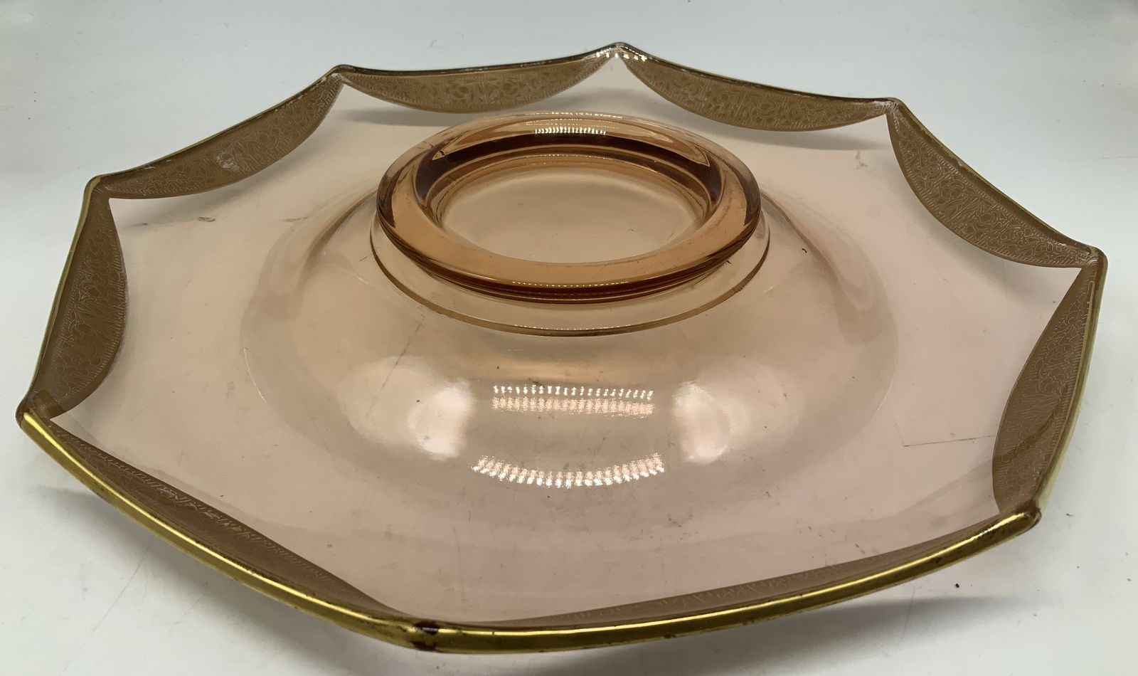 Vtg Pink Depression Glass & Gilt Serving Dish (1 of 6)