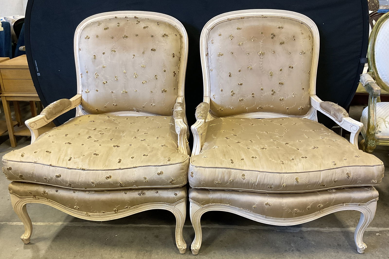 Pair vintage Upholstered White Wood Armchairs (1 of 6)