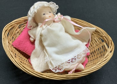 Vtg Bisque Miniature Baby Doll W Wicker Basket
