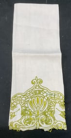 Vtg Embroidered Green White Linen Tea Towel