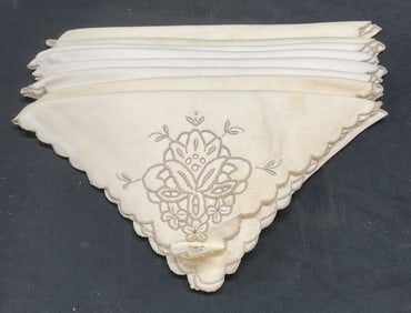 Set 8 Vtg White Embroidered Floral Linen Napkins