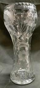 Vtg Clear Cut Glass Floral & Fern Motif Vase
