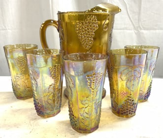 Set 6 Vtg Iridescent Carnival Glass Pitcher & Cups