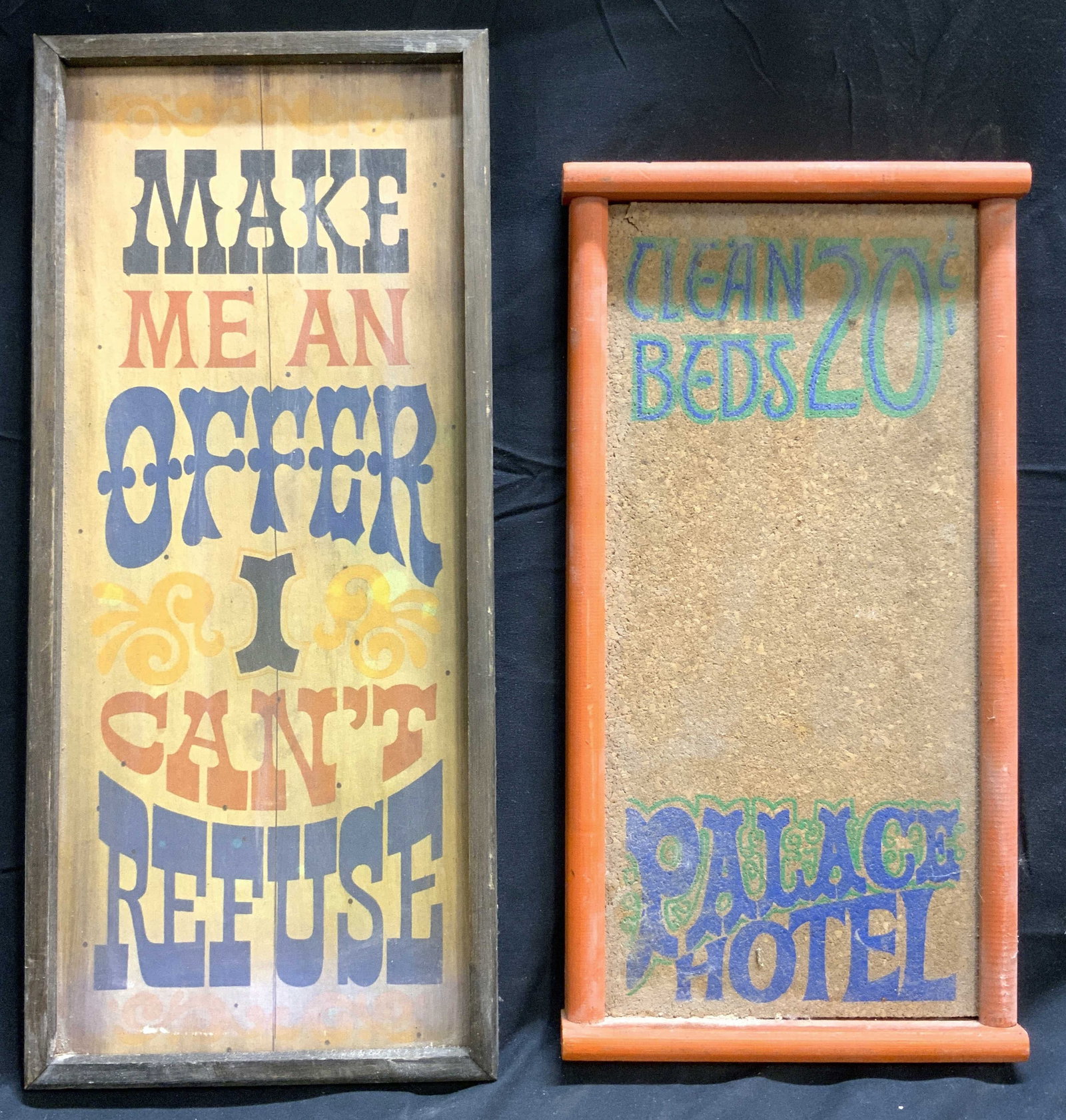 Lot 2 Vintage Wood & Cork Signs: Lot includes 2 signs. One is wood & cork (reads Clean Beds 20? Palace Hotel), the other is crafted from wood (reads Make me an offer I cant refuse). Larger Sign measures approximately 18.5 inches tall