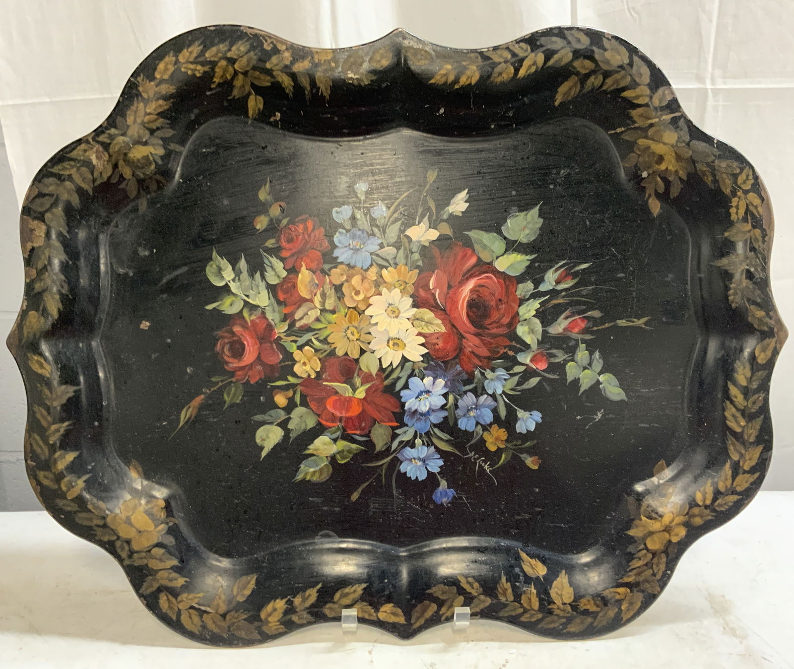 Signed Hand Painted Toleware Serving Tray 25in (1 of 7)
