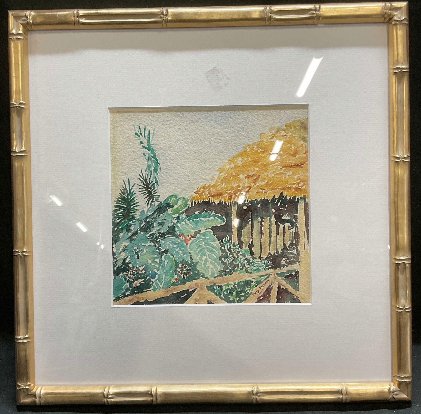 Signed Fleener Thatch House Watercolor Painting: Framed and matted watercolor painting on paper. Signed lower right Mary Fleener (20th century). Thatch House, Hawaii. Gilt faux bamboo wood frame. Not examined out of frame. Frame measures approx 13.7