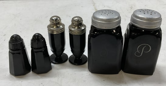 Lot 3 Pair Black Glass Salt & Pepper Shakers