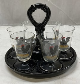 Set 6 Vintage Rooster Juice Glasses W Serving Tray