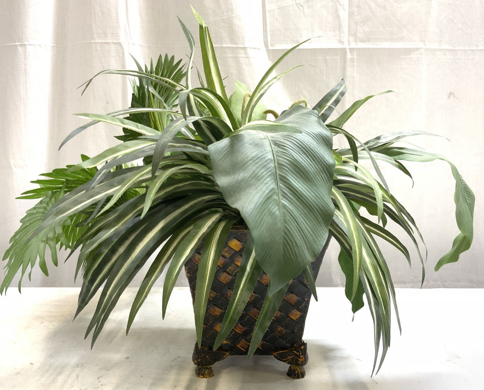 Vintage Footed Metal Cachepot W Faux Plant (1 of 6)