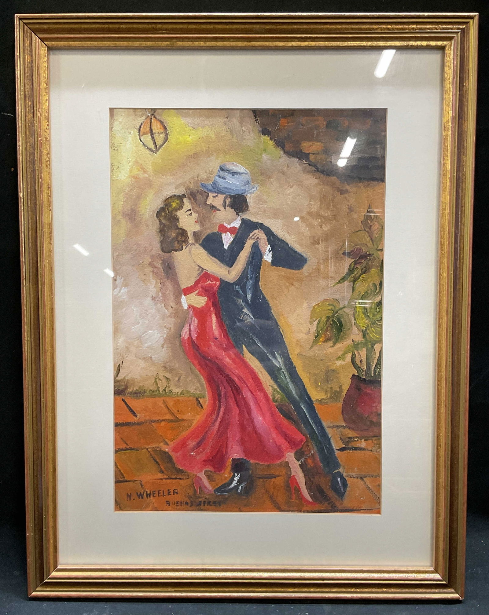 Signed N Wheeler Dancing Couple Acrylic Painting: Framed and matted acrylic painting. Signed lower left, N. Wheeler. Additional inscription illegible. Dancing couple, man wearing suit and woman wearing red dress. Gilt wood frame. Not examined out of