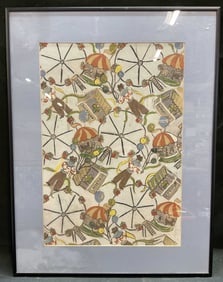 Framed Folk Art County Fair Gouache Painting