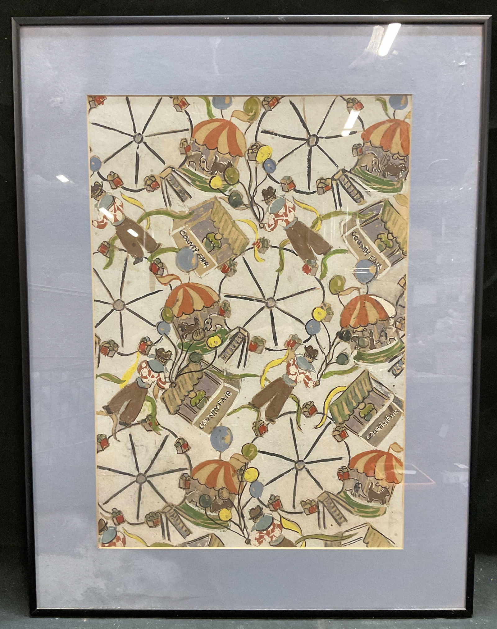 Framed Folk Art County Fair Gouache Painting (1 of 6)