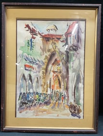 Framed Signed Street Scene Watercolor Painting
