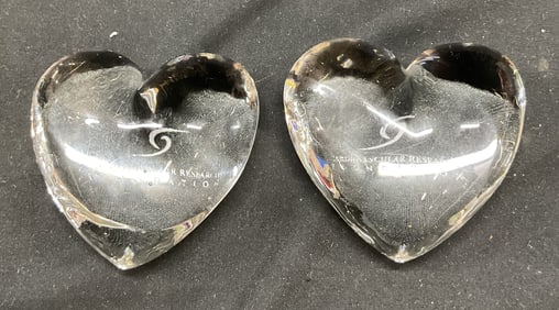 Pair Art Glass Heart Paperweights
